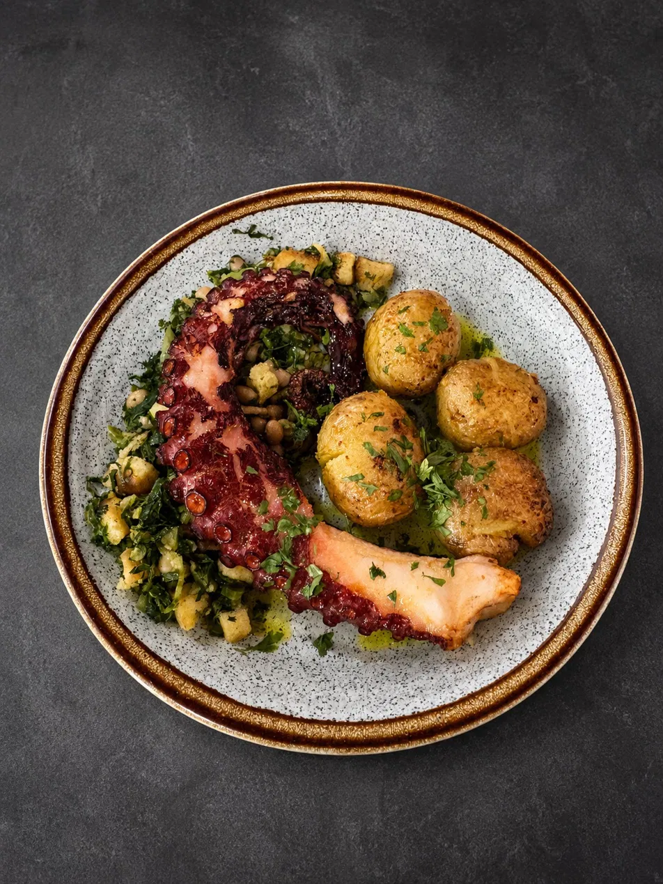 Polvo à lagareiro com batata a murro e migas de grelos